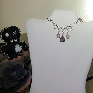 Black/Pink Stripe, Oval Harlequin Stones and Rhinestone Drops on Gunmetal Choker